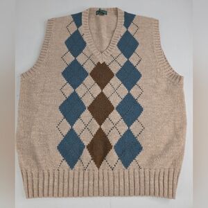 Boundry Waters Argyle Knit V-Neck Sweater Vest Beige Blue Size XL CD3267